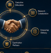 DOS™ partnership ecosystem connecting executive education, research, enterprise delivery, certification and licensing.